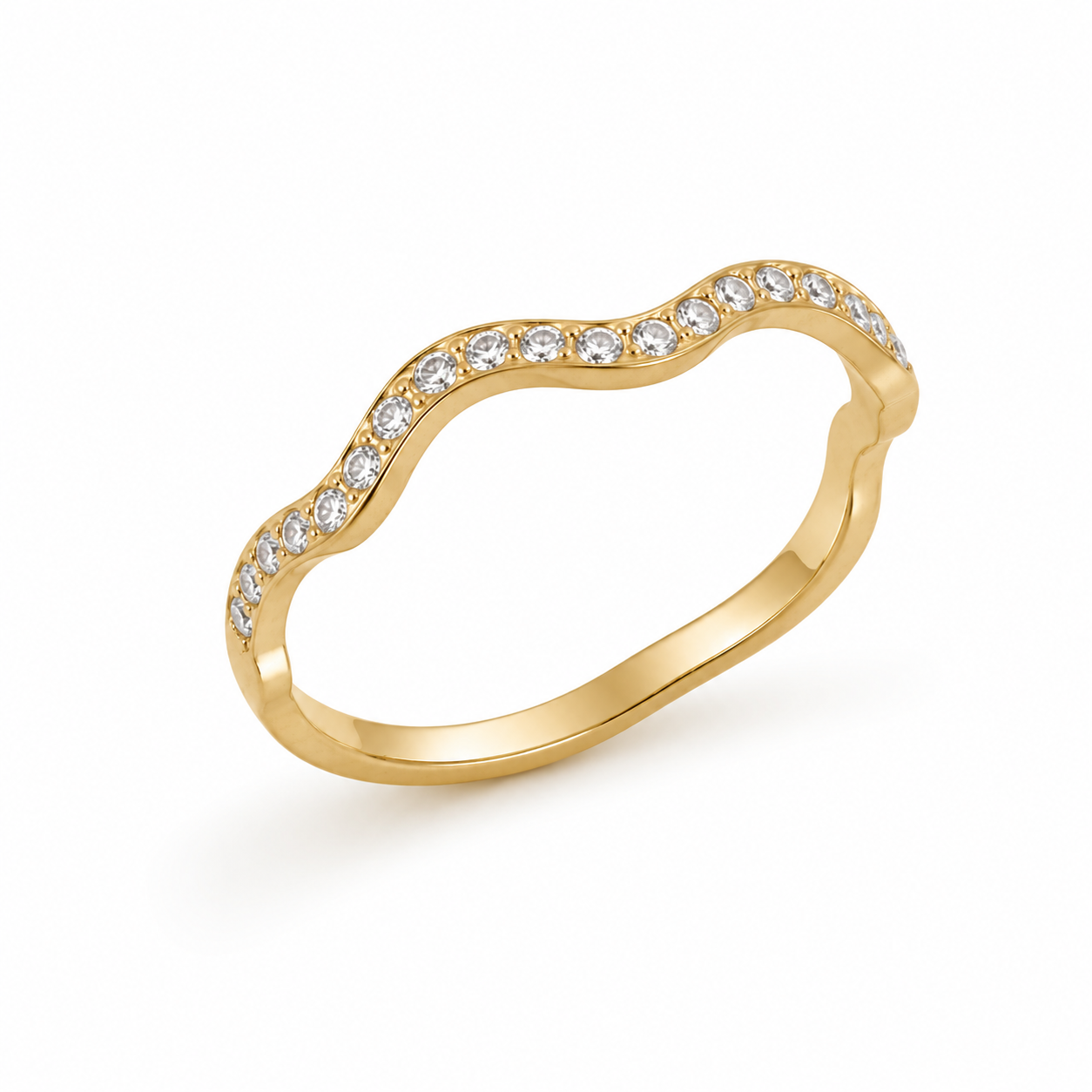 A yellow gold wavy band ring set with small clear stones along the top curve, shown on a clean white background.